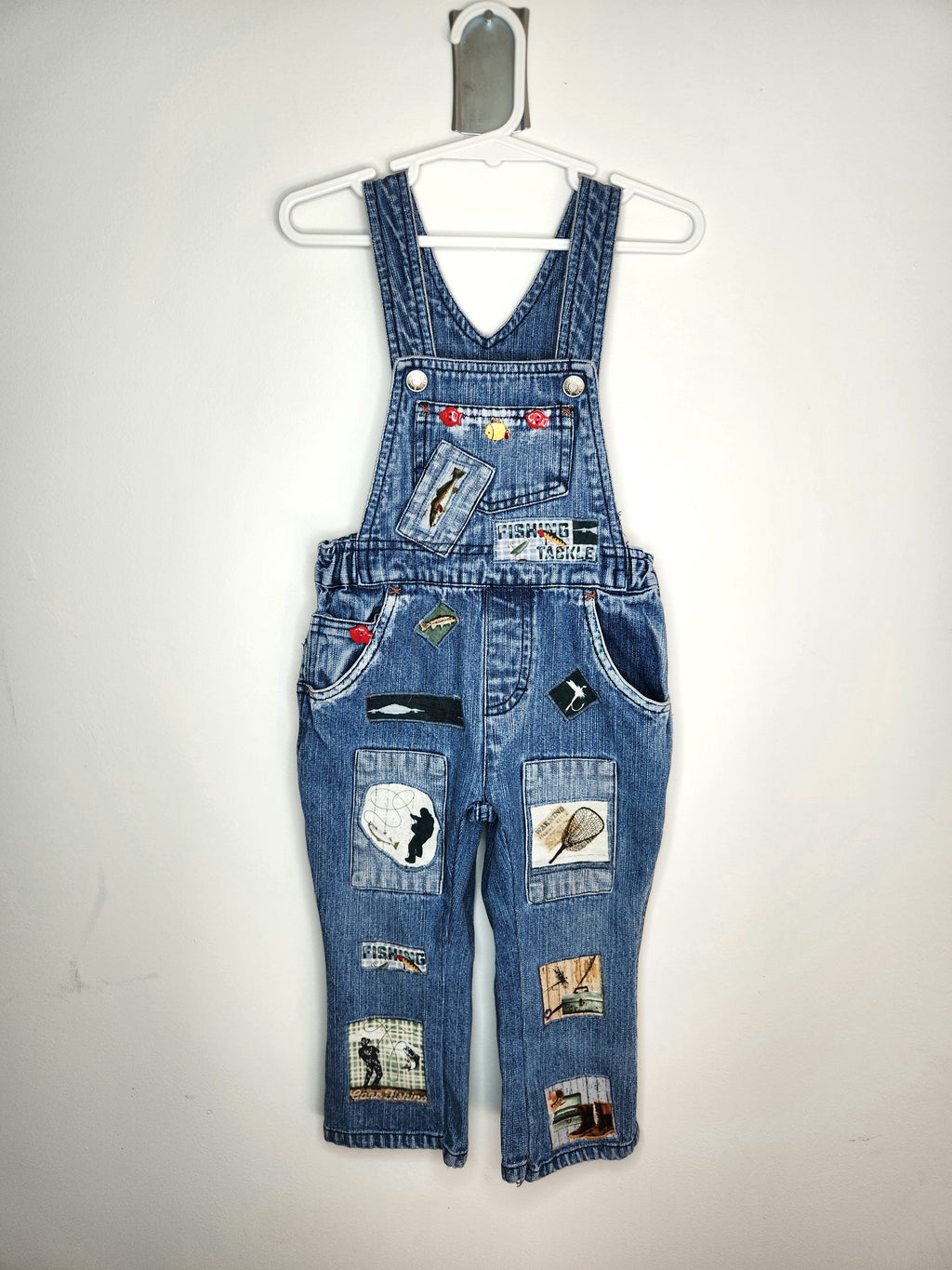 Vintage B.U.M Equipment Denim Dungarees Fishing Patches & Button Overalls (Size 18-24m)