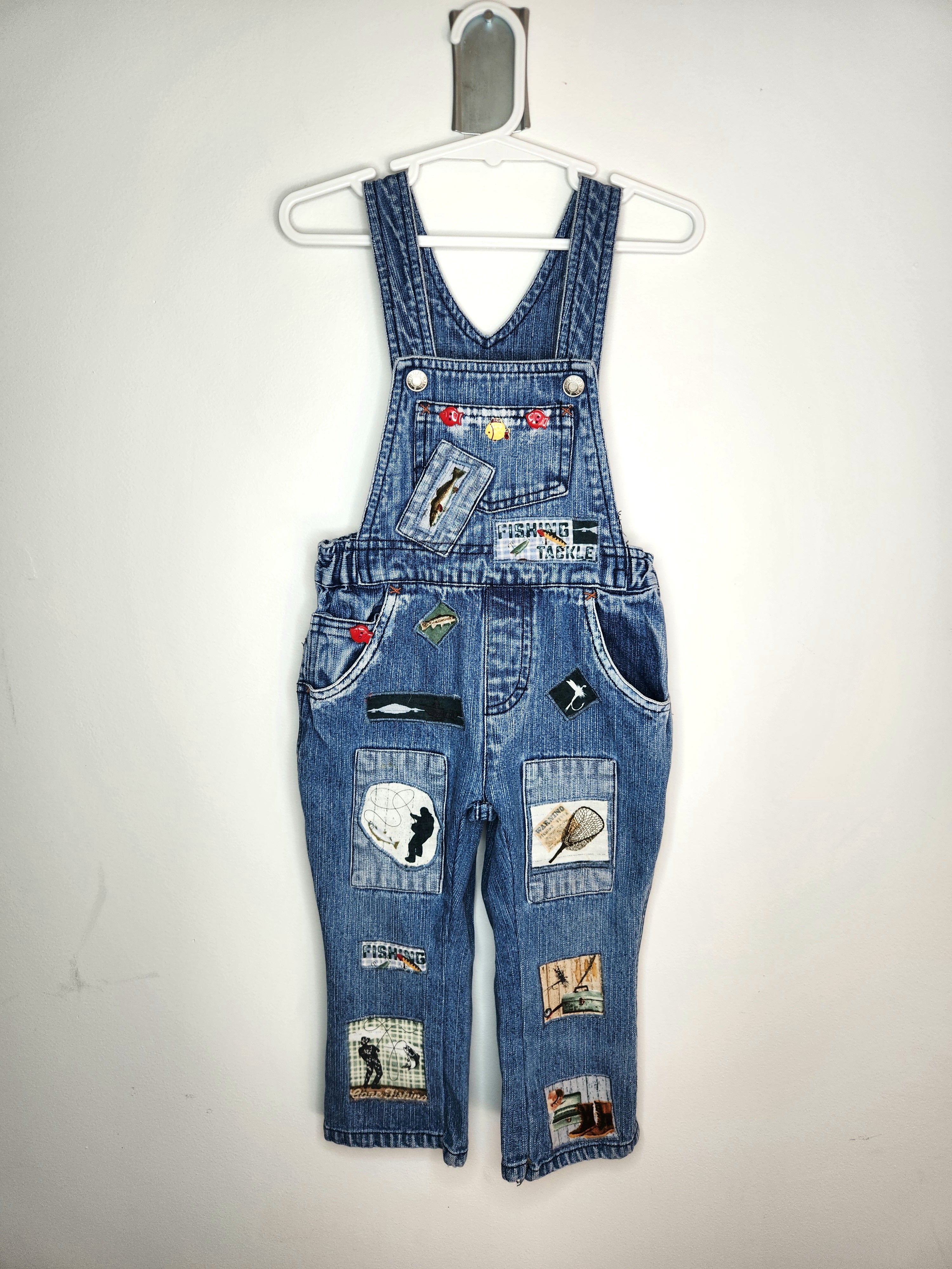 Vintage B.U.M Equipment Denim Dungarees Fishing Patches & Button Overalls (Size 18-24m)