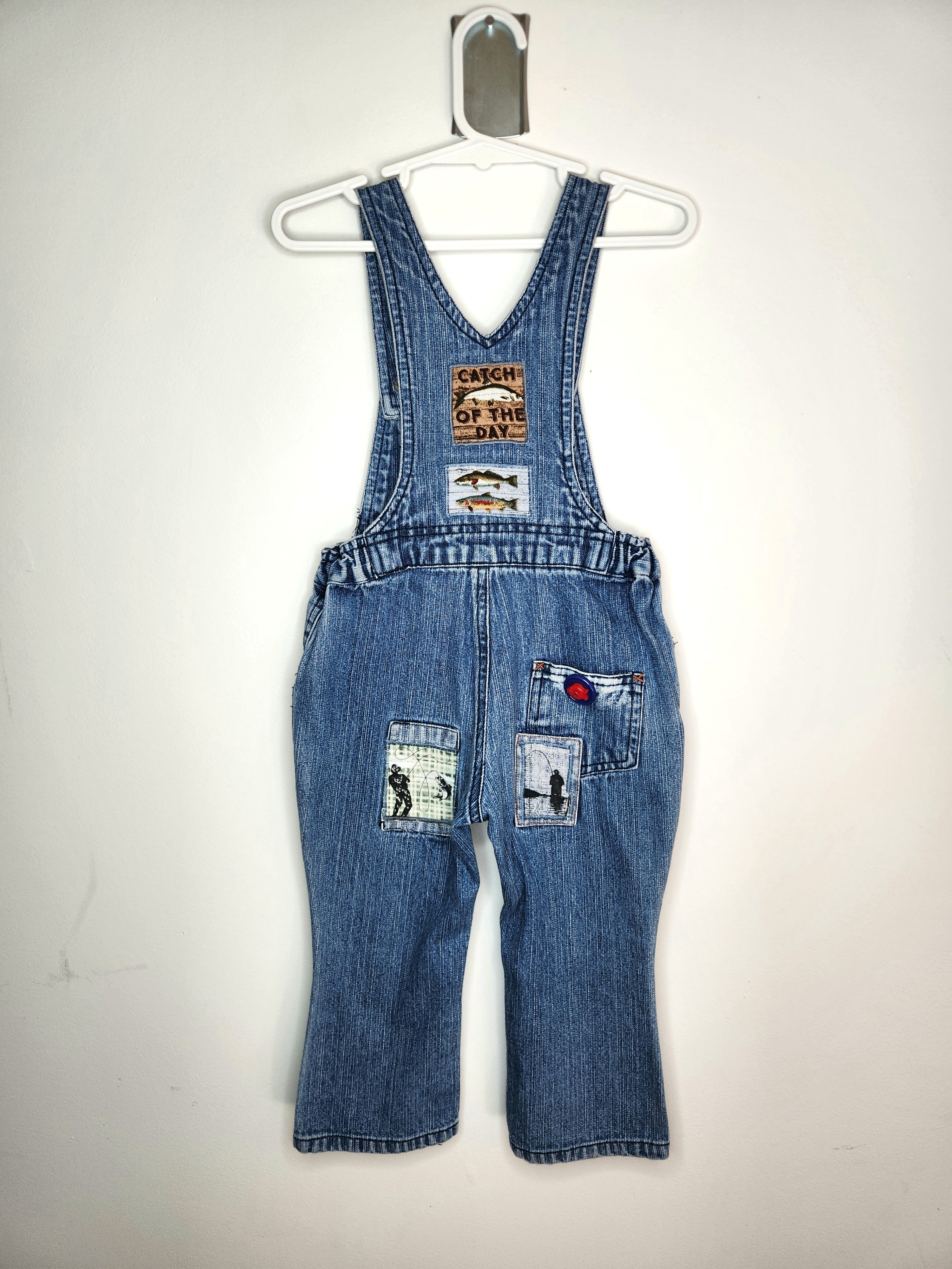 Vintage B.U.M Equipment Denim Dungarees Fishing Patches & Button Overalls (Size 18-24m)