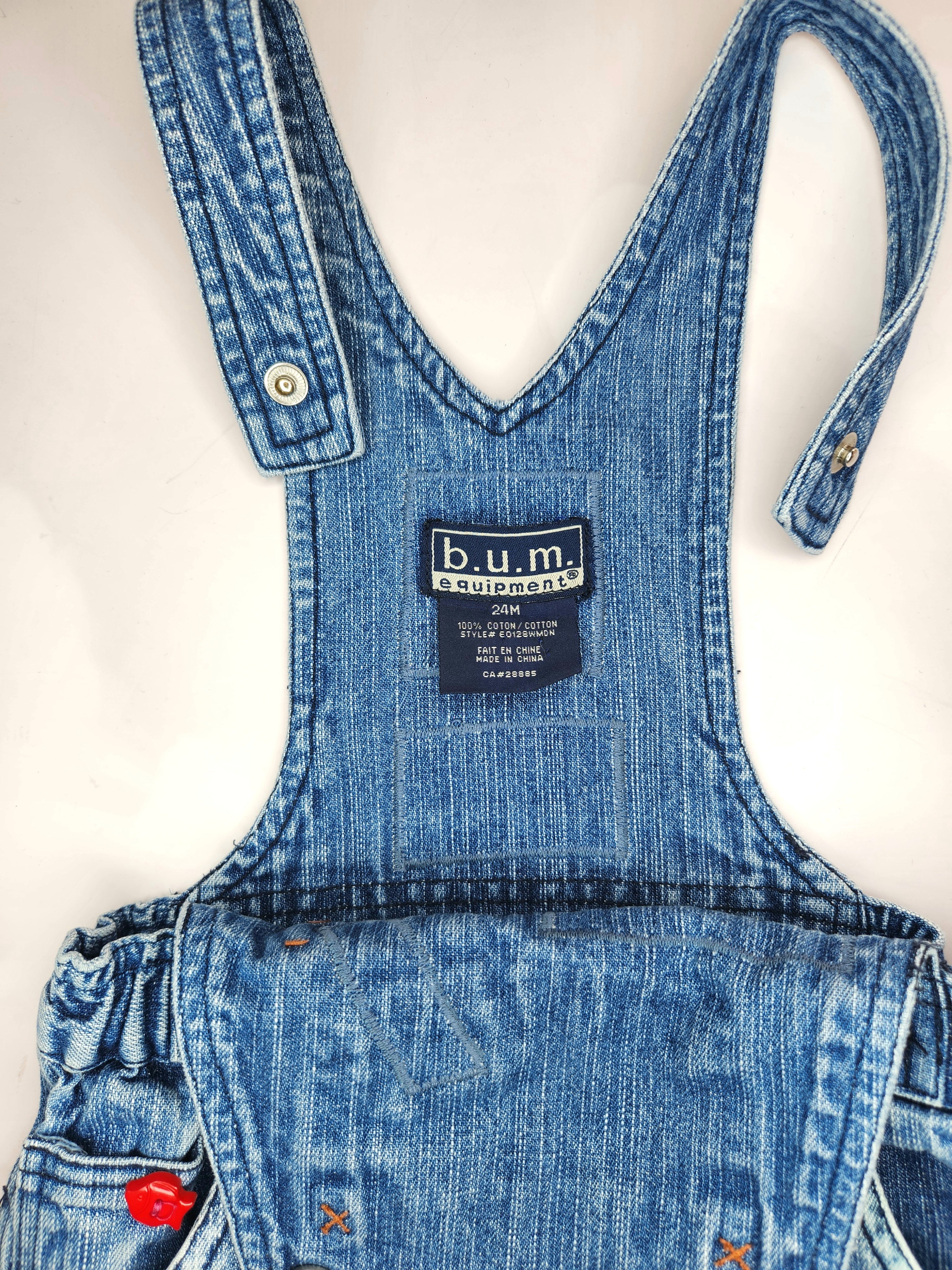 Vintage B.U.M Equipment Denim Dungarees Fishing Patches & Button Overalls (Size 18-24m)
