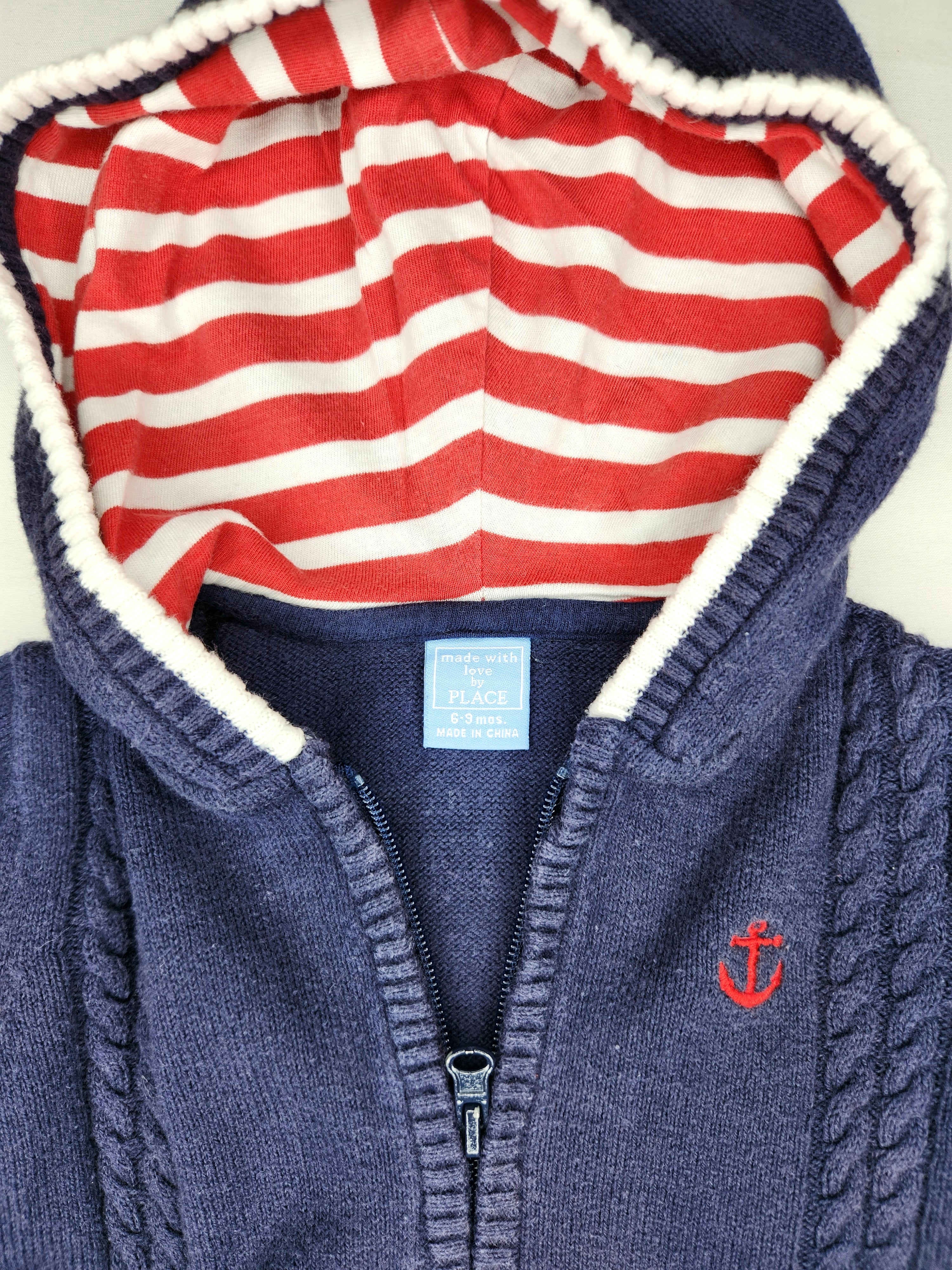 PLACE Nautical Zip-up Knit Hooded Sweater Jacket (Size 3-6m)