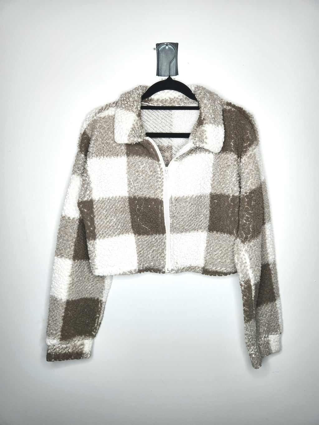 Teddy Fleece Cropped Buffalo Check Sherpa Jacket (Size 8)