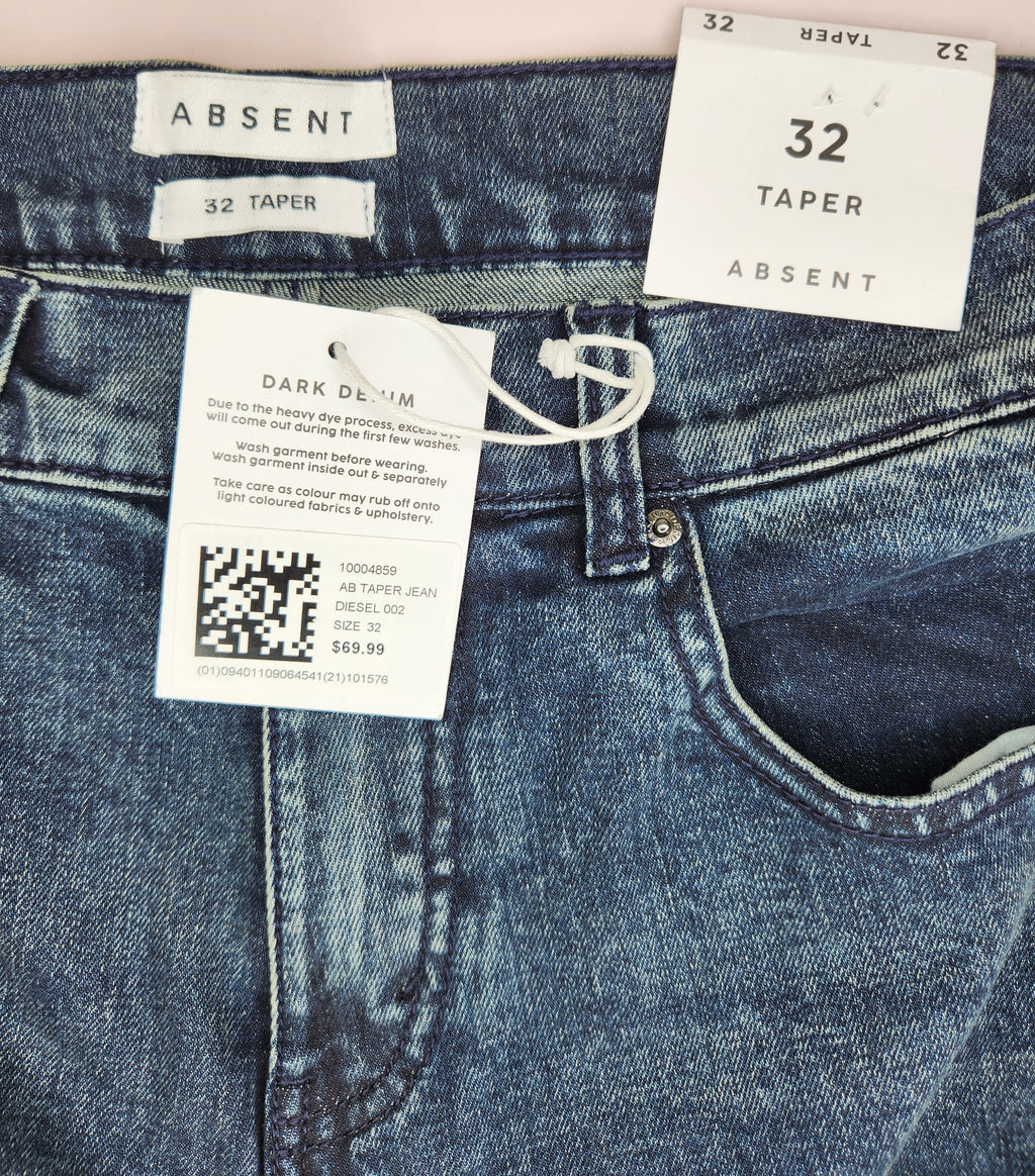 Absent Slim Tapered Leg Denim Jeans NEW (Size 32W)