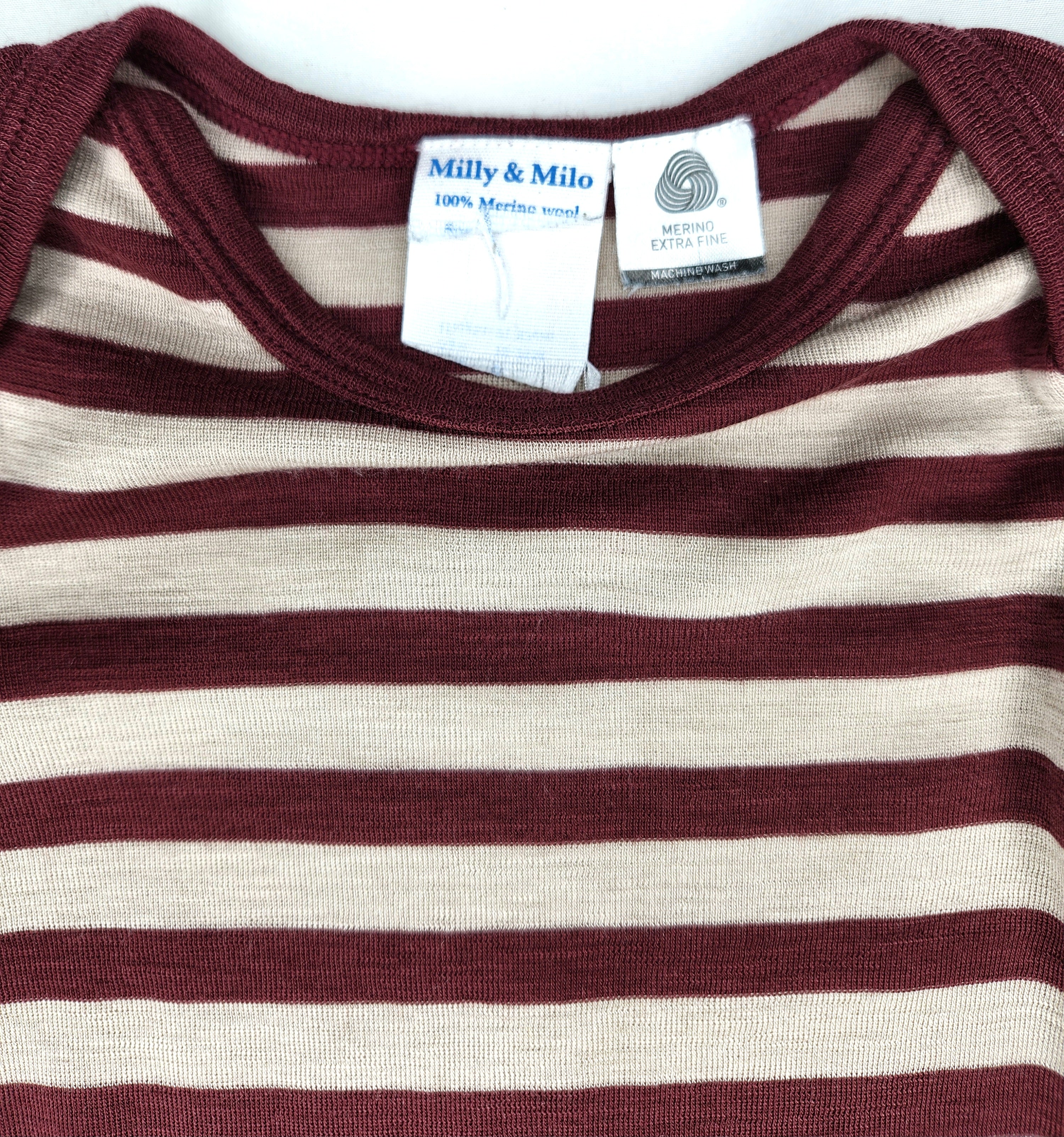 Milly & Milo 100% Merino Wool Long Sleeve Striped Bodysuit (Size 18-24m)
